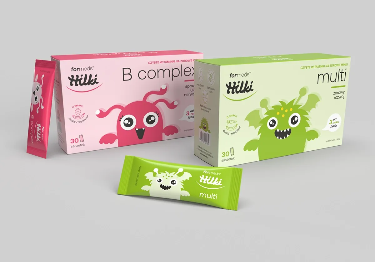 opakowania suplementów dla dzieci formeds hilki, kartoniki oraz saszetki według naszego projektu graficznego